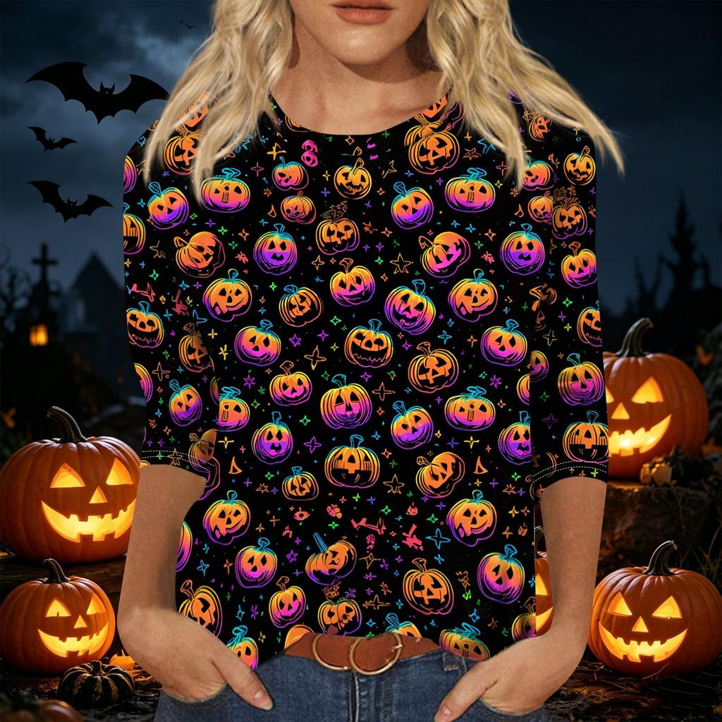 Women's Halloween Print 3/4 Sleeve Shirt Round Neck Loose Casual Top T-Shirt Suitable for Everyday Wear and Seasonal Events
