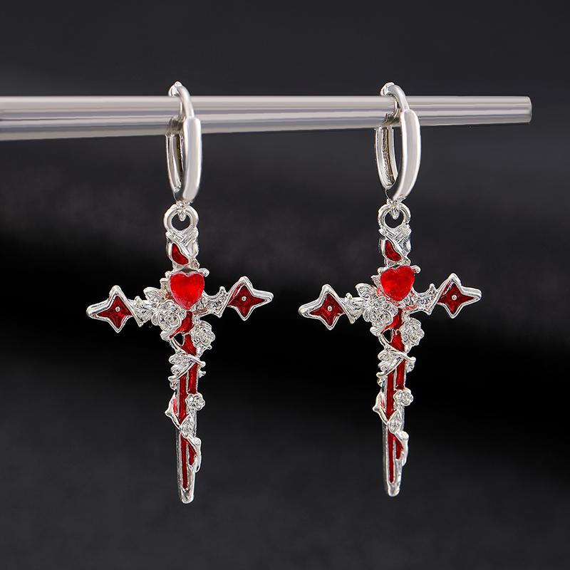 Vintage Gothic Thorn Rose Cross Pendant Earrings Suitable for Men and Women Creative Sweet Cool Style Jewelry Party Gifts
