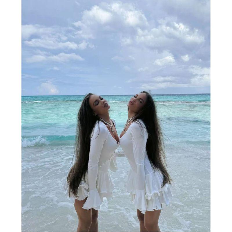 

Spring and Summer New European and American Slim fit Oblique Placket Wave Frill Dual-Use Beach dress Lx0144 White S