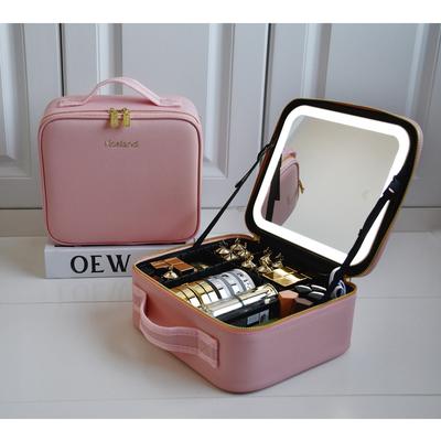New Smart LED Makeup Bag With Mirror For Women With Compartments Large Capacity Waterproof PU Leather Travel Cosmetic Case