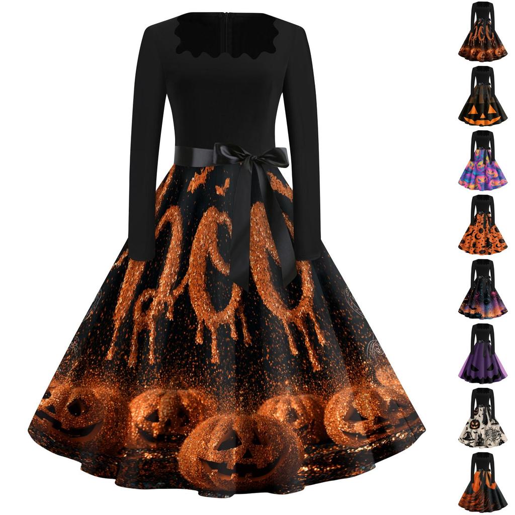 Women's Square Neck Retro Dress with Halloween Print for Casual Parties and Festive Occasions