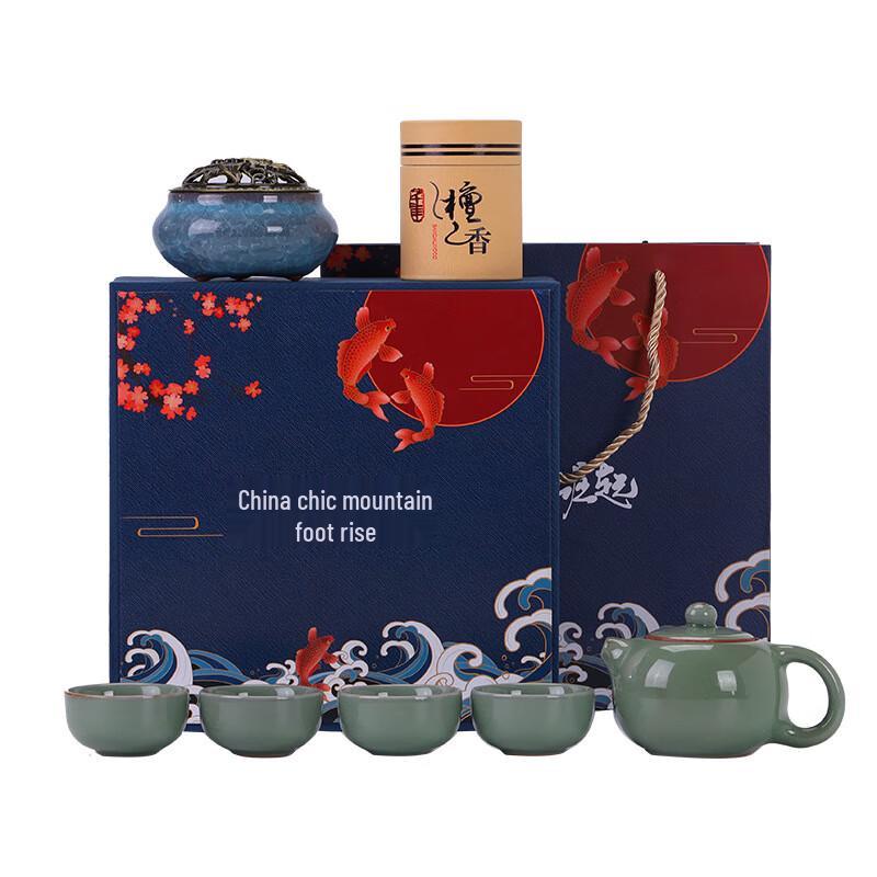 Ge Yao Ceramic Gongfu Tea Set - 1 Pot, 4 Cups, Incense Burner