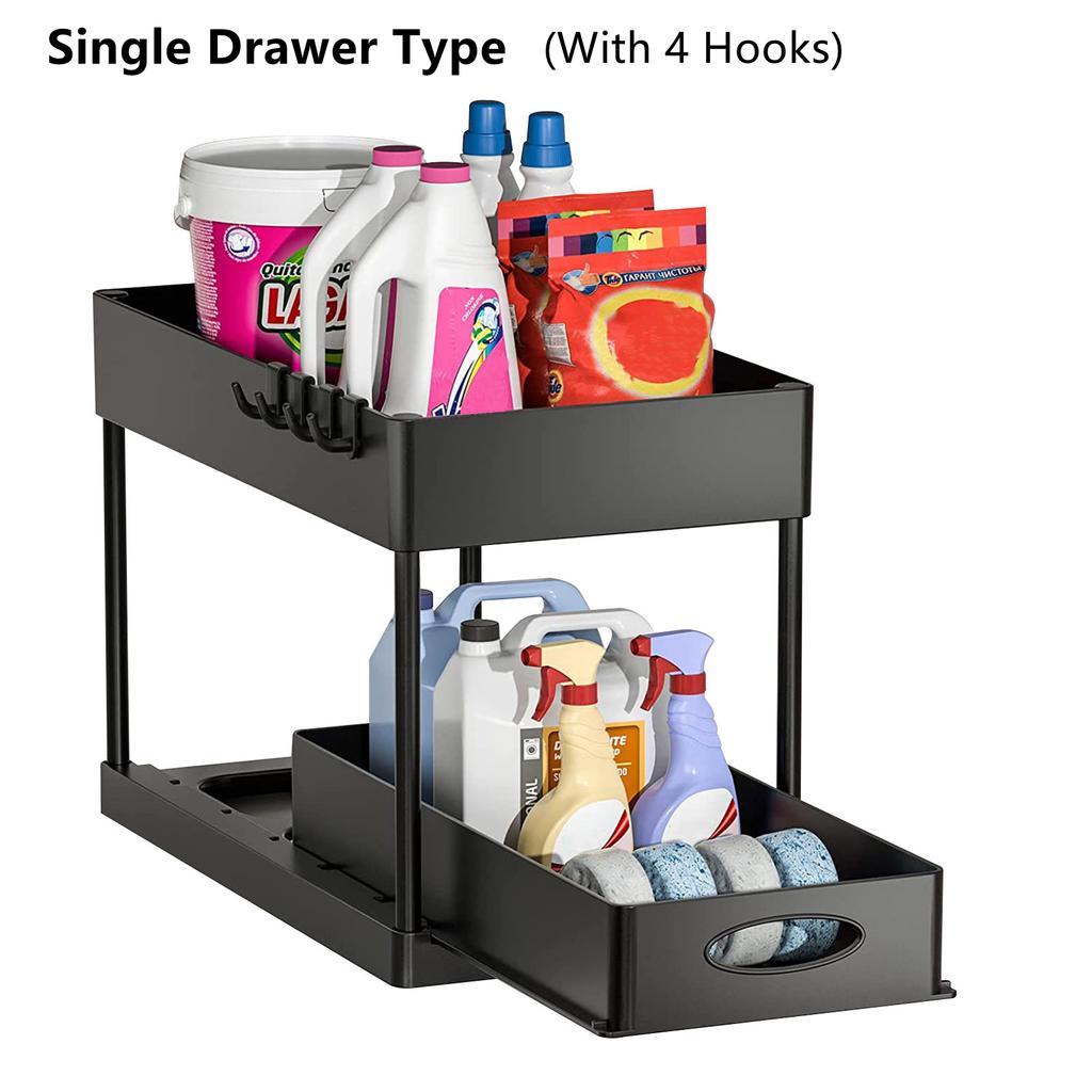 For 2 Tier Under Sink Organizer Sliding Cabinet Basket Organizer Storage Rack With Hooks Hanging Cup Bathroom Kitchen Organizer