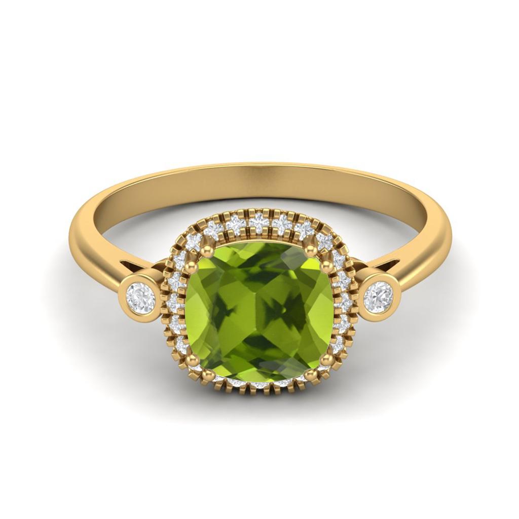 7mm Cushion Peridot 925 Sterling Silver Gold Vermeil Solitaire Accents Women Anniversary Ring