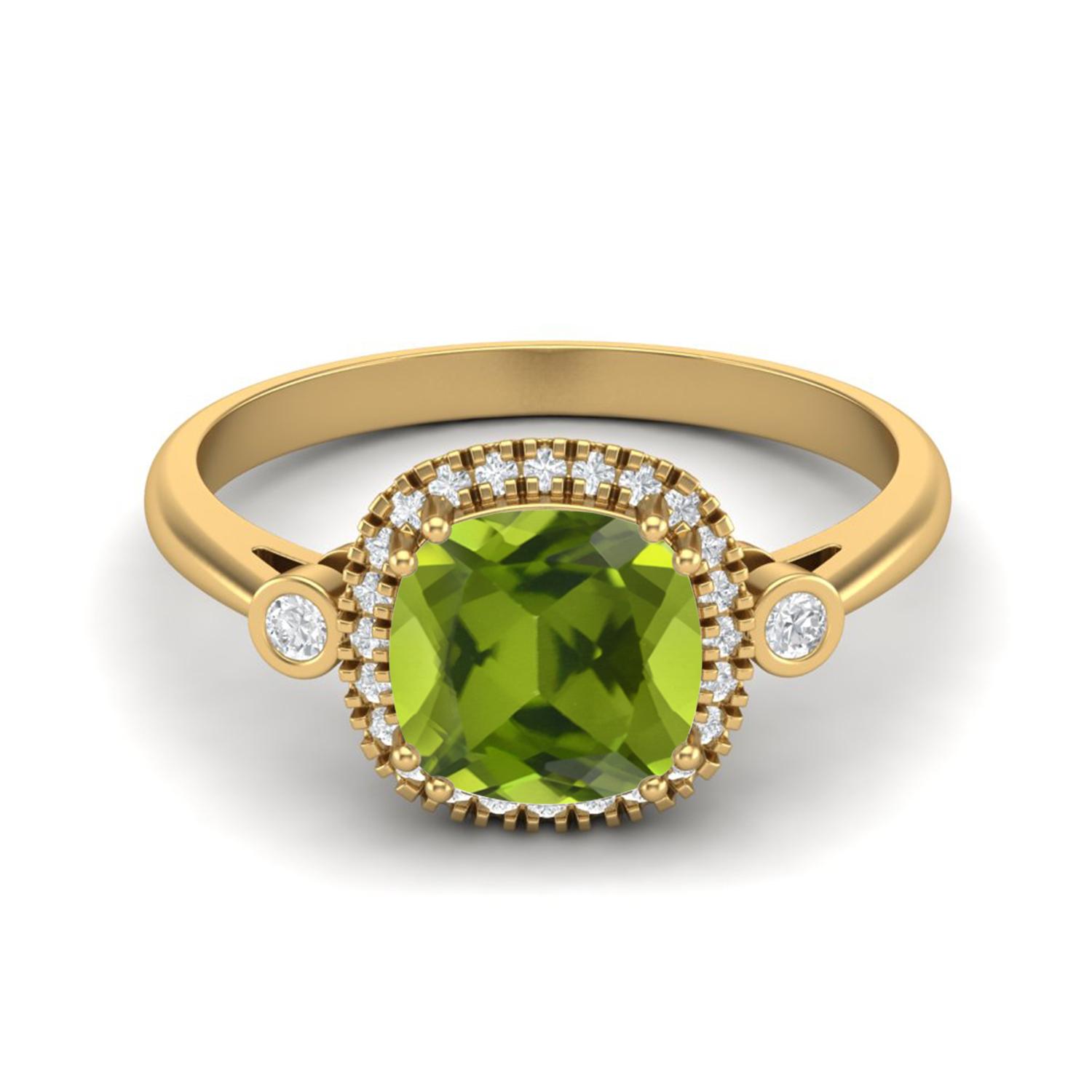 

7mm Cushion Peridot 925 Sterling Silver Gold Vermeil Solitaire Accents Women Anniversary Ring 6 жовтий