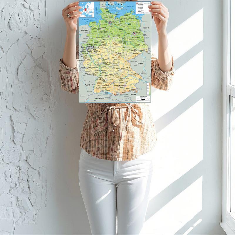 Unframed English-Germany Map-Geographic Map,Wall Decor for Home,Classroom,Indoor/Outdoor Use,Educational Poster,Travel Tools