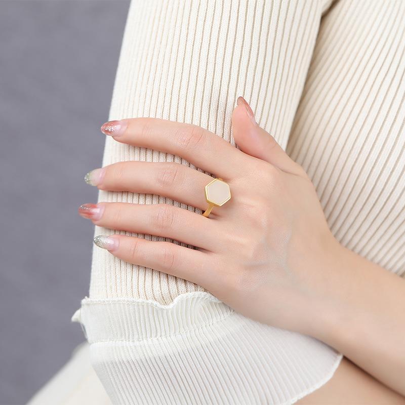 Geometrischer Mattierter Zirkon & Imitation Hetian Jade Offener Ring