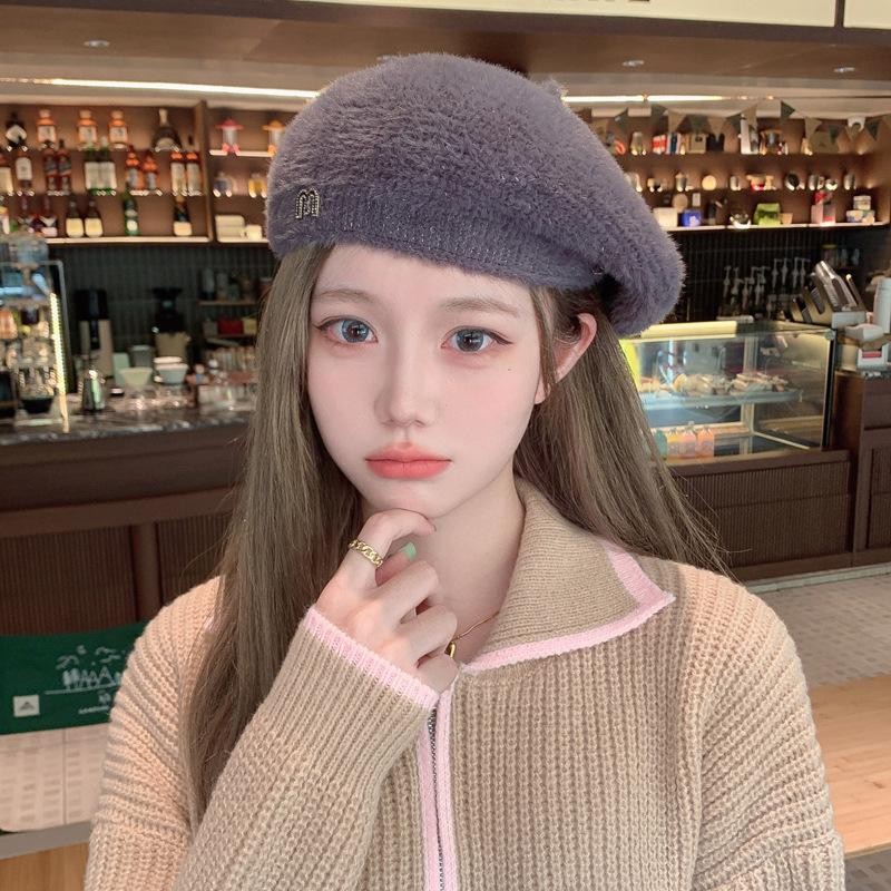 Korean Version of Autumn and Winter Hat for Women Japanese Beret Solid Color Knitted Wool Hat Winter Beret Hat Warm Painter Hat Thick Hat