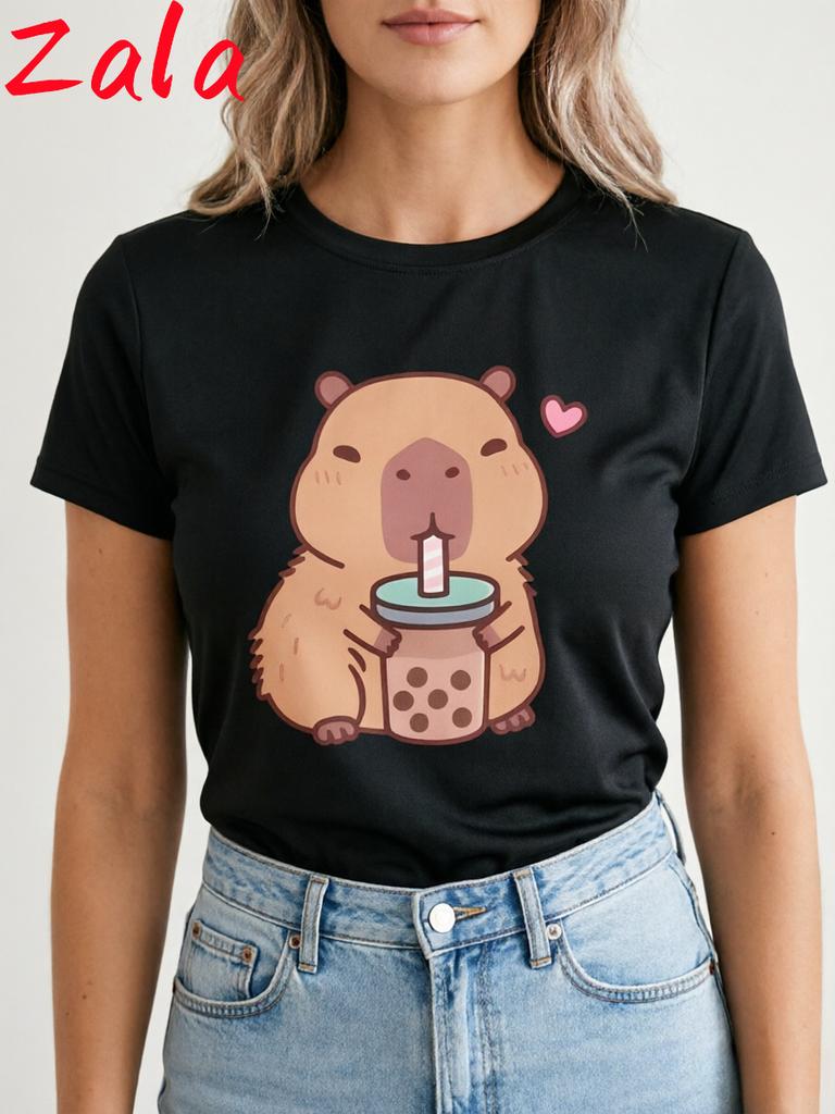 Cute Capybara Boba Printed Unisexs Tshirt Casual Short Sleeve Round Neck Capybara Harajuku Female Tops Summer Unisexs Clothing