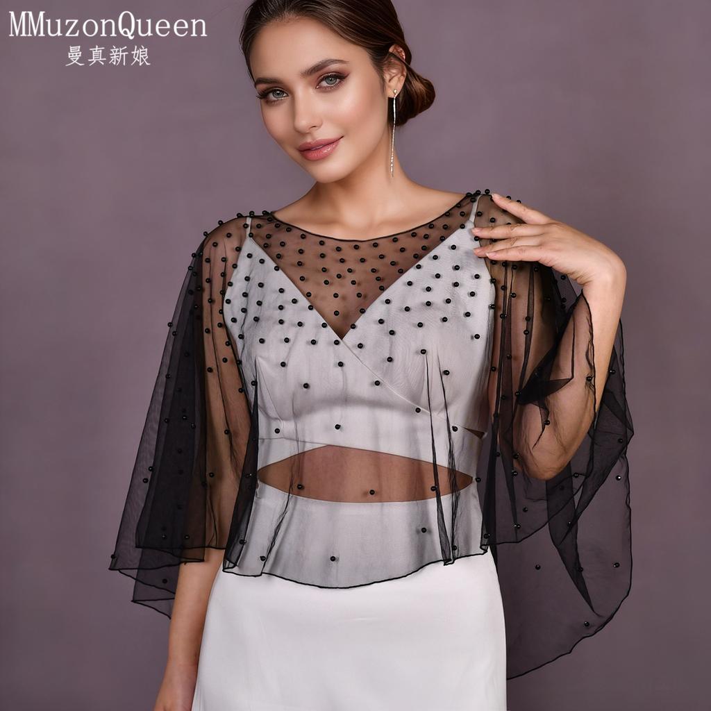 Two Colors Pearl Beaded Sheer Tulle Cape Shrug, Asymmetric Long Back Train Mesh Cover Up Round Neck for Strapless Wedding Bridal Evening Gown