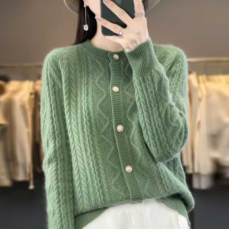 New Crew Neck Knitted Autumn and Winter Coat Casual Versatile Twist Loose Cardigan Sweater Women