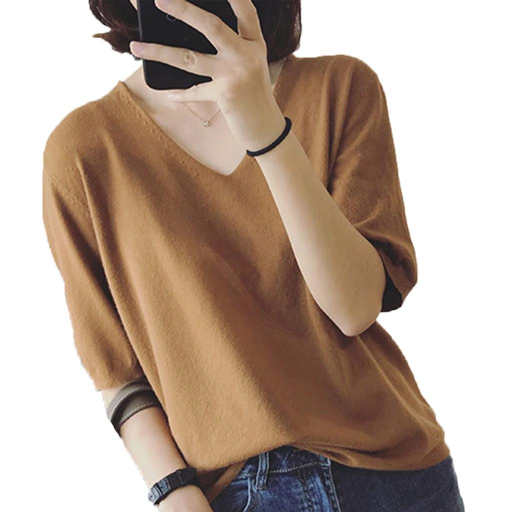Summer Knit Short Sleeve Loose Cut and Fashionable Summer Beautiful Coordination [ANCKDOCE] Women's T-Shirt, V-Neck, Fit, Sewn, Clothes, Tops, (White)
