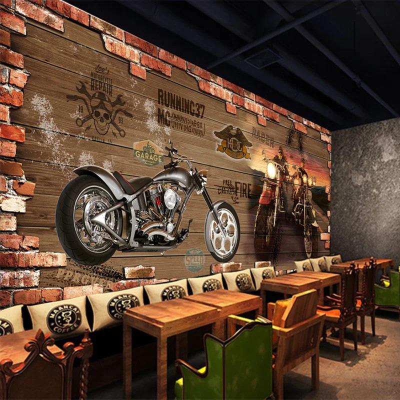 Retro Motocykl Cihlová Tapeta Restaurace Kavárna Kreativní 3D Nástěnná Dekorace Obývací Pokoj Ložnice Domácí Dekor