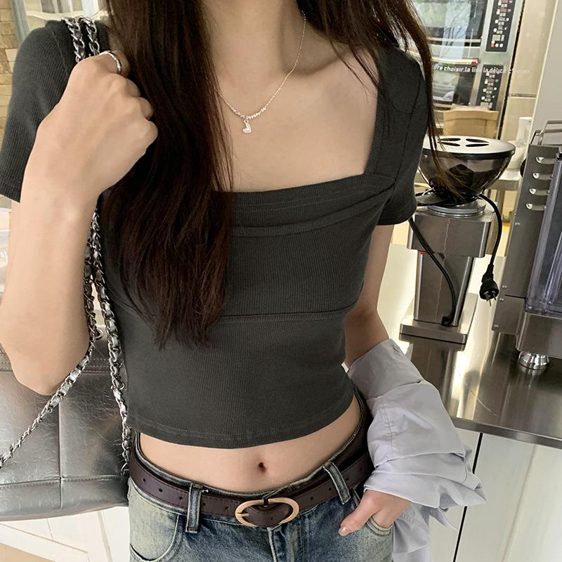 Square Collar Double-layer Threaded Short-sleeved T-shirt for Women 2024 Summer New Women's Sweet and Spicy Style Short Style