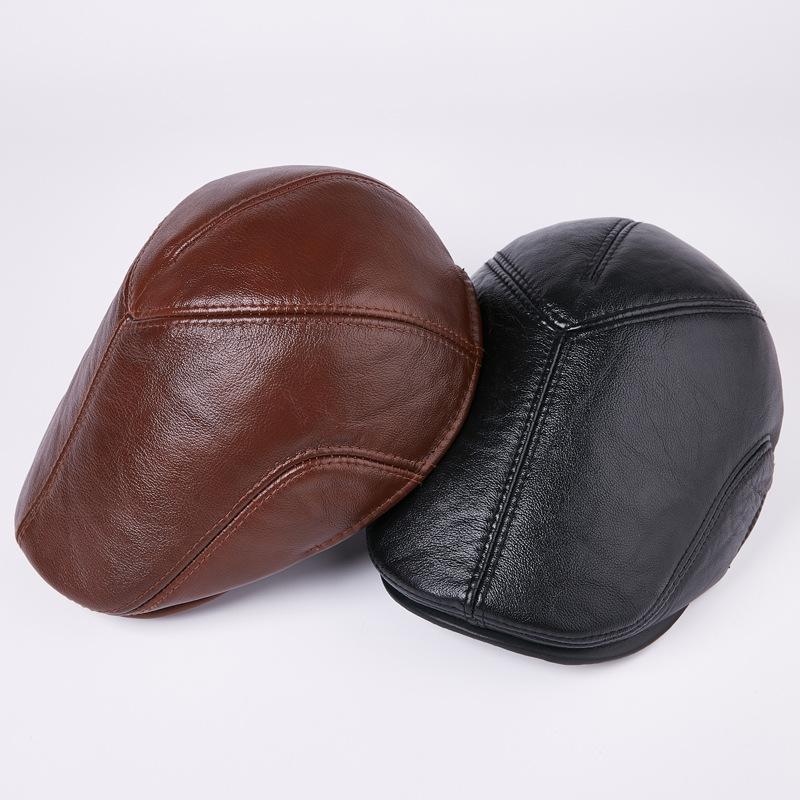 Men Genuine Cowhide Leather Flat Cap Vintage Ivy Driving Cap Gatsby Newsboy Beret Hat Autumn Winter Warm Cabbie Duckbill Cap