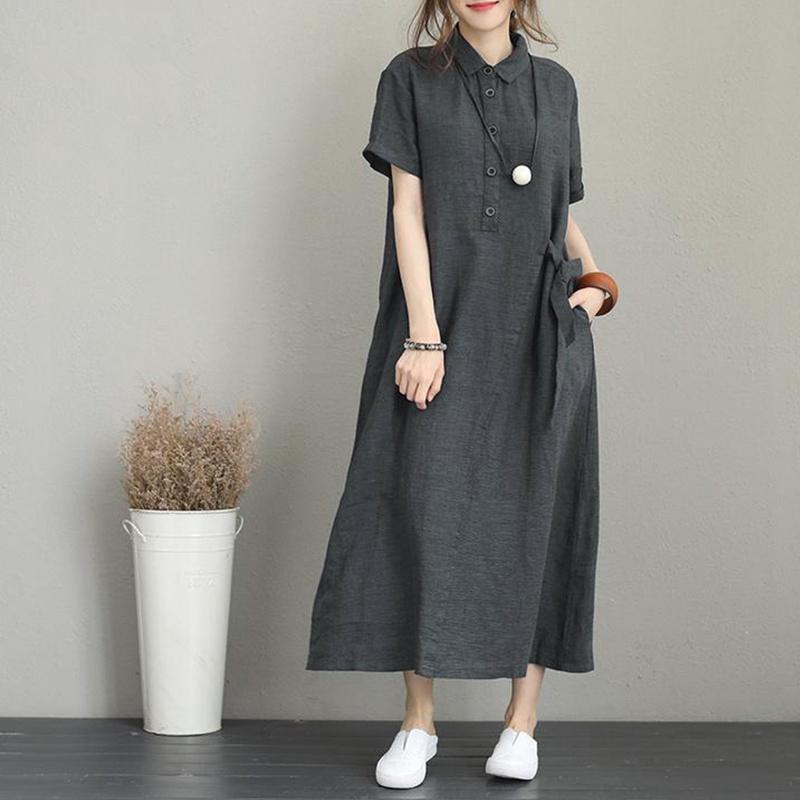 New Women's Polo Collar Cotton Linen Casual Dress with Pockets - Light Luxury, Short Sleeve, Loose Fit