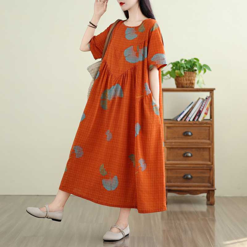 

Summer Retro Cotton and Linen Round Neck Short Sleeved Dress, Women s Loose Skirt XL