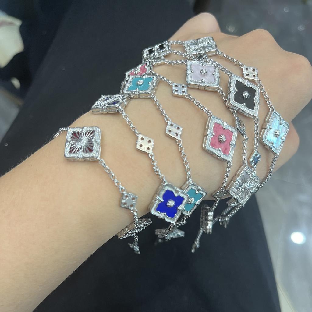 Italian Brushed Craft Cloth Qi Latti Four-Leaf Clover Bracelet Women'S Retro Natural White Fritillary Three-Flower Bracelet Jewelry