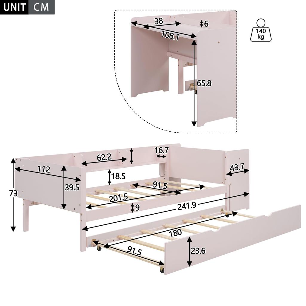Slaapbank gestoffeerd bed 90 x 200 cm, Uittrekbed met wielen, met bureau, drie planken aan de zijkant van het bed, Zonder matras