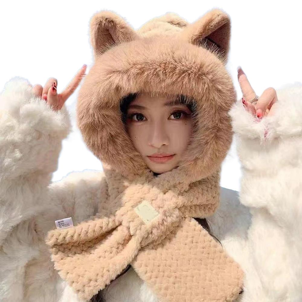 Lovely Beanie Hat Scarf Set Women Faux Fur Warm Winter Hat Neck Circle Scarf Ski Snow Hat Cap Bear Plush Hat Ear Protection