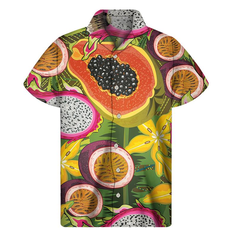 Mango, Banana, Pineapple Pattern Shirt for Men, 3D Printed Fruit Shirt, Summer Beach Vacation Short Sleeve Top