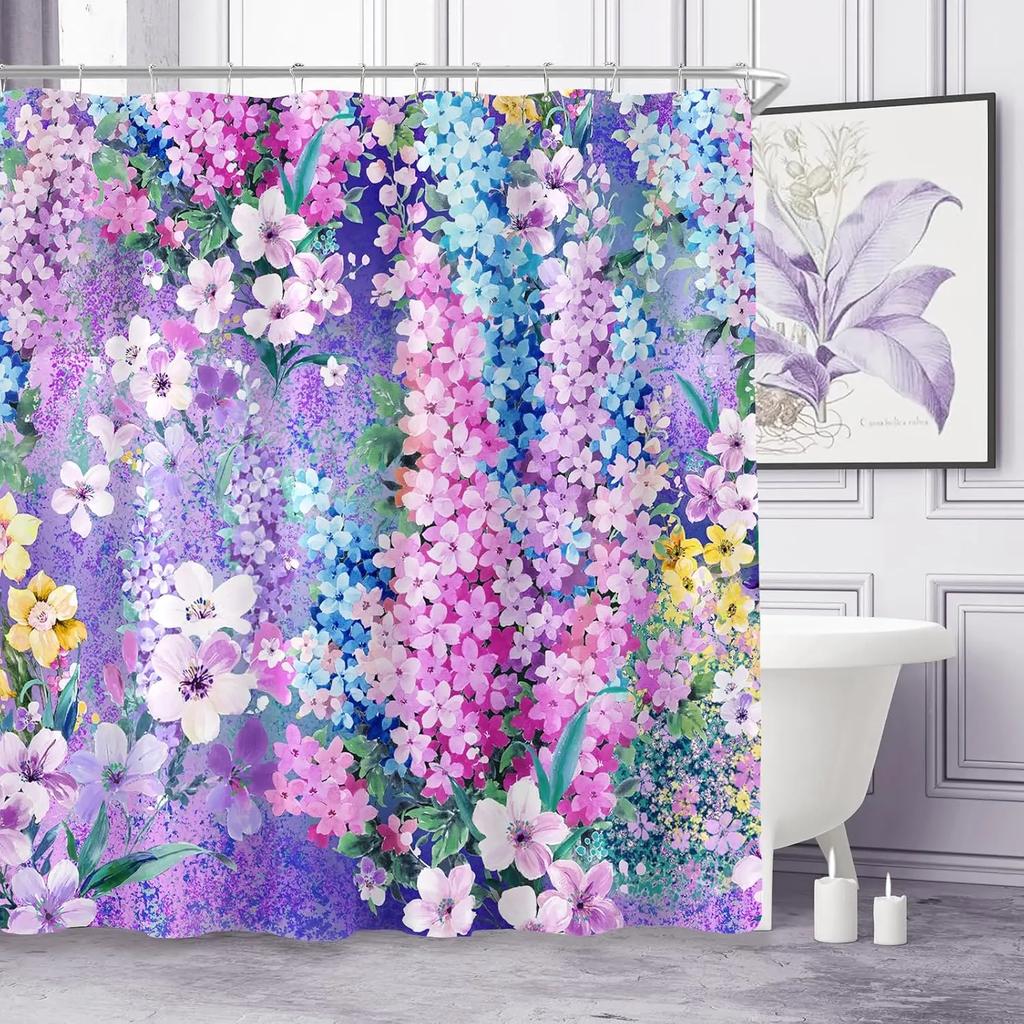 Purple Cute Floral Shower Curtain Color Pink Flower Fabric Bathroom Shower Curtain, Watercolor Cloth Shower Curtain