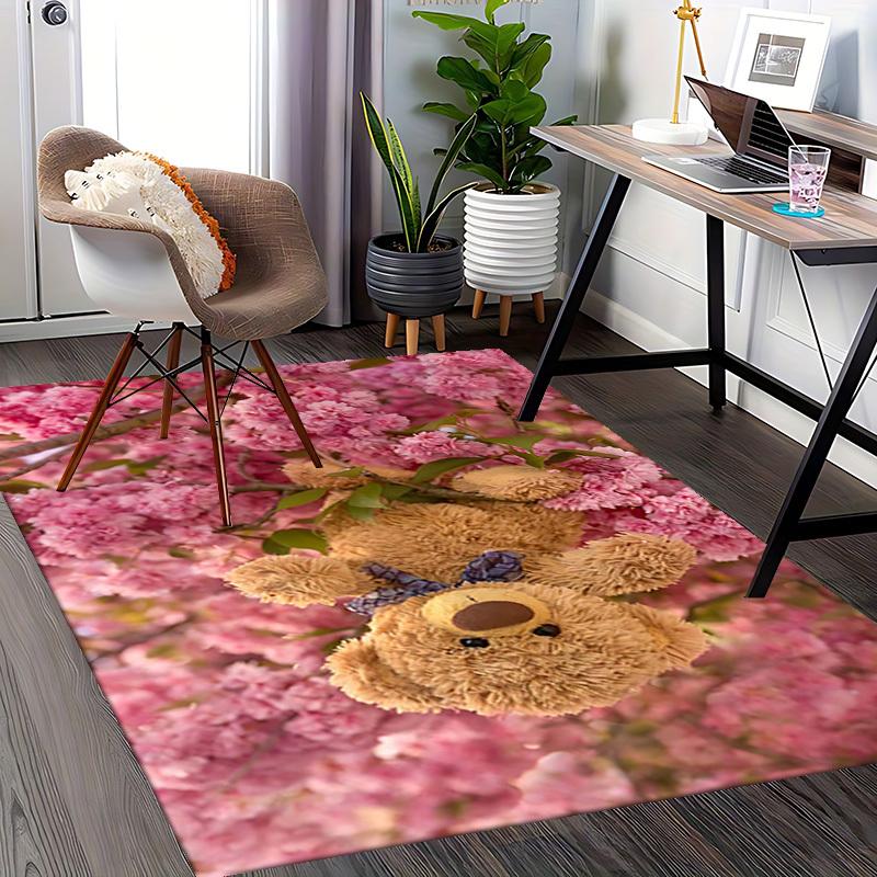 1pc Teddy Bear with Purple Bow Chair Mat - Anime Cartoon Design, Non-Slip Carpet for Office and Home Decor, Suitable for All Seasons.C053
