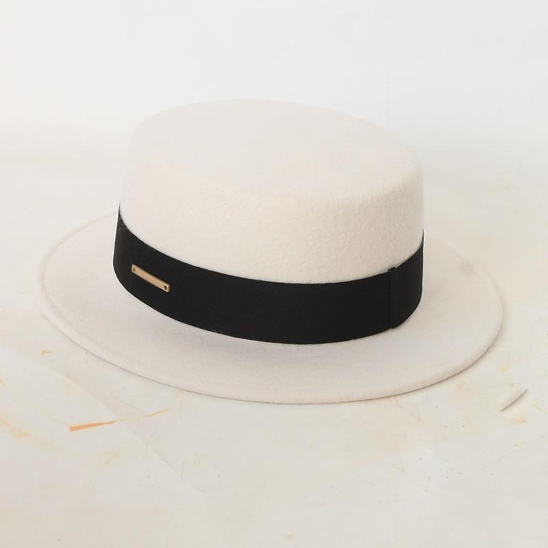 Womens Wool Flat Top Hat With Ribbon Trim Winter Warm Casual Outdoor Fedora Style