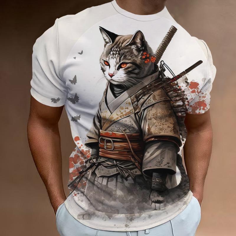 New Retro Men's T-Shirt 3d Samurai Cat Print Short Sleeve T-Shirt For Men Fashion Oversized Man Clothes