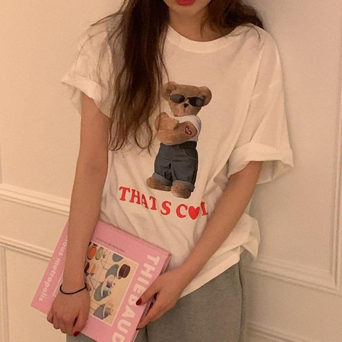 New summer small short-sleeved T-shirt female bear print loose BF style top female student