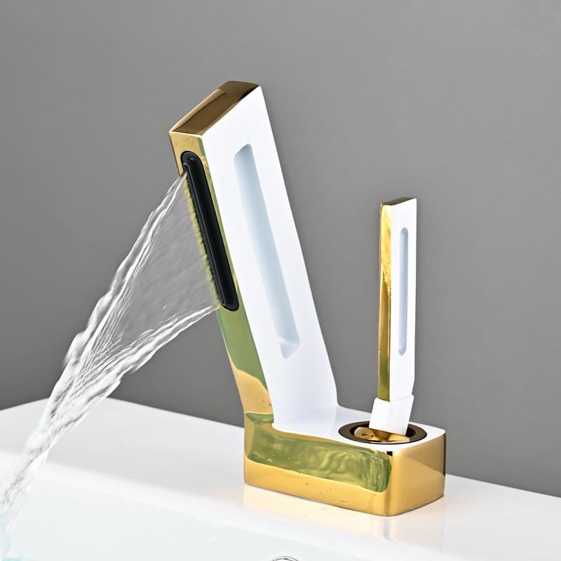 Tuqiu Bathroom Faucet Brass Gray Bathroom Basin Faucet Cold And Hot Waterfall Mixer Sink Tap Deck Mounted Black & Gold Tap