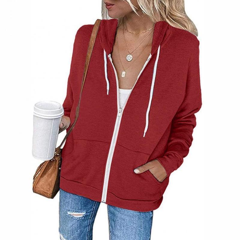 Women S Solid Color Long Sleeve Hooded Zip Up Sweatshirt With Pockets Drawstring