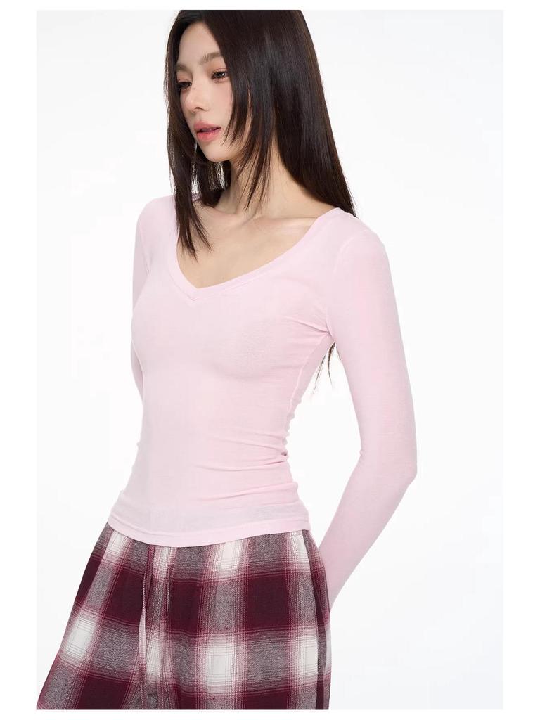 Women's V-Neck Lyocell Long-Sleeve Slim-Fit Top - Spring/Autumn Versatile Layered Design