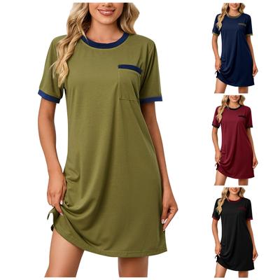 (Qunide) Moda Kadın Rahat Rahat Gevşek Fit Düz Renk Tişört Yuvarlak Boyun Pijama Elbise