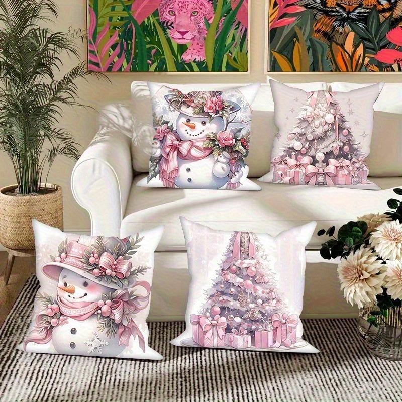 Pink Christmas Pillowcases: Snowman & Tree Designs for Festive Home Decor Sofas, Bedroom Pillow Covers, Holiday Gifts