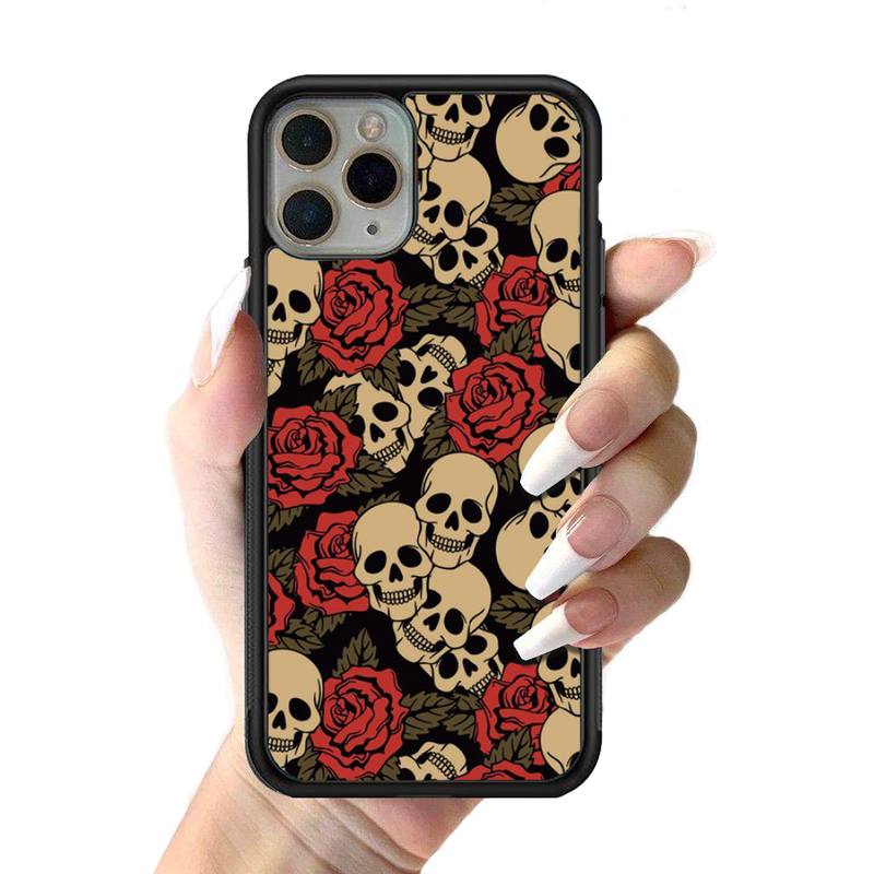 Skeleton Skull Flowers Phone Case Silicone PC+TPU Case for iPhone 11 12 13 Pro Max 8 7 6 Plus X SE XR Hard Fundas