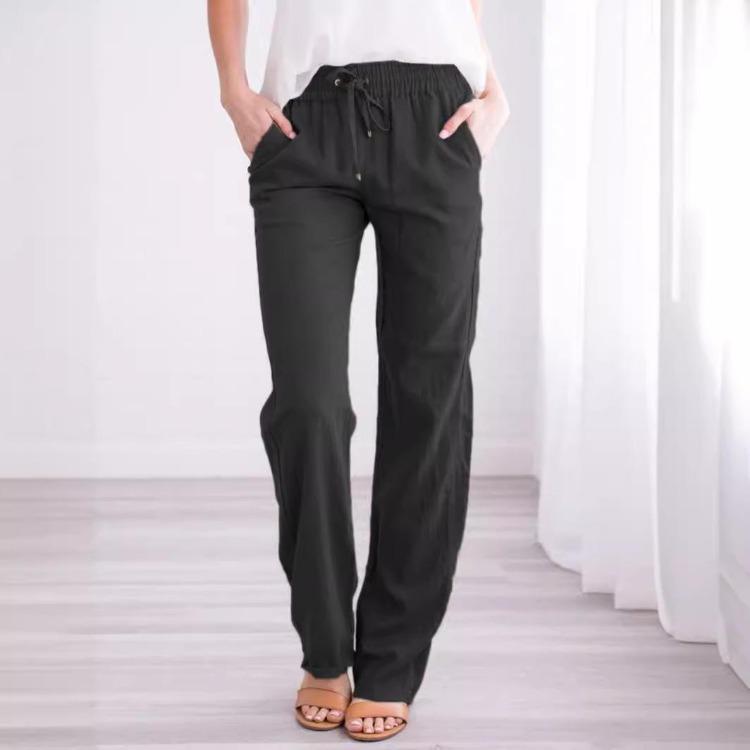 Women Wide Leg Trousers Loose Drawstring Casual Pants Solid Colour Cotton Linen Spring Summer