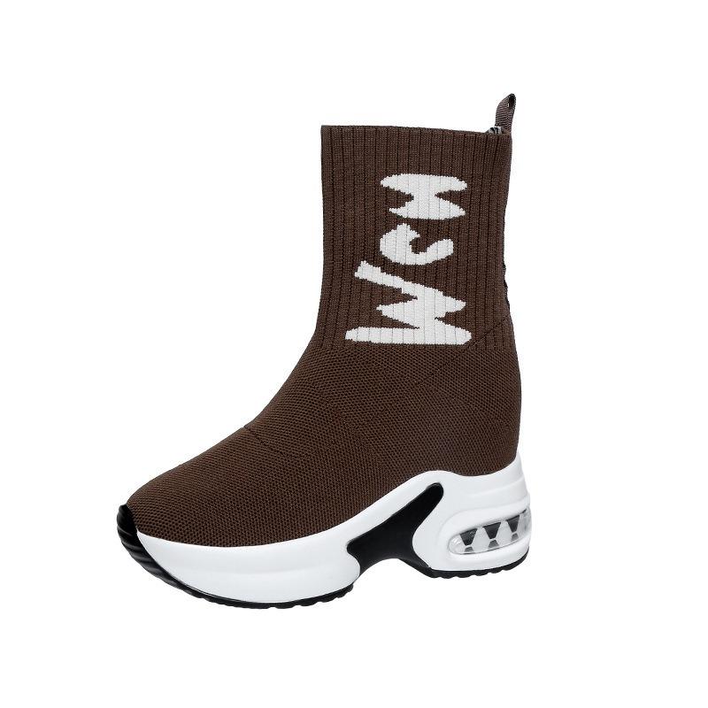 Large Size Thin Boots for Women's Autumn and Winter New Fly-woven High-top Elastic Muffin Thick-soled One-pedal Short Boots for Women