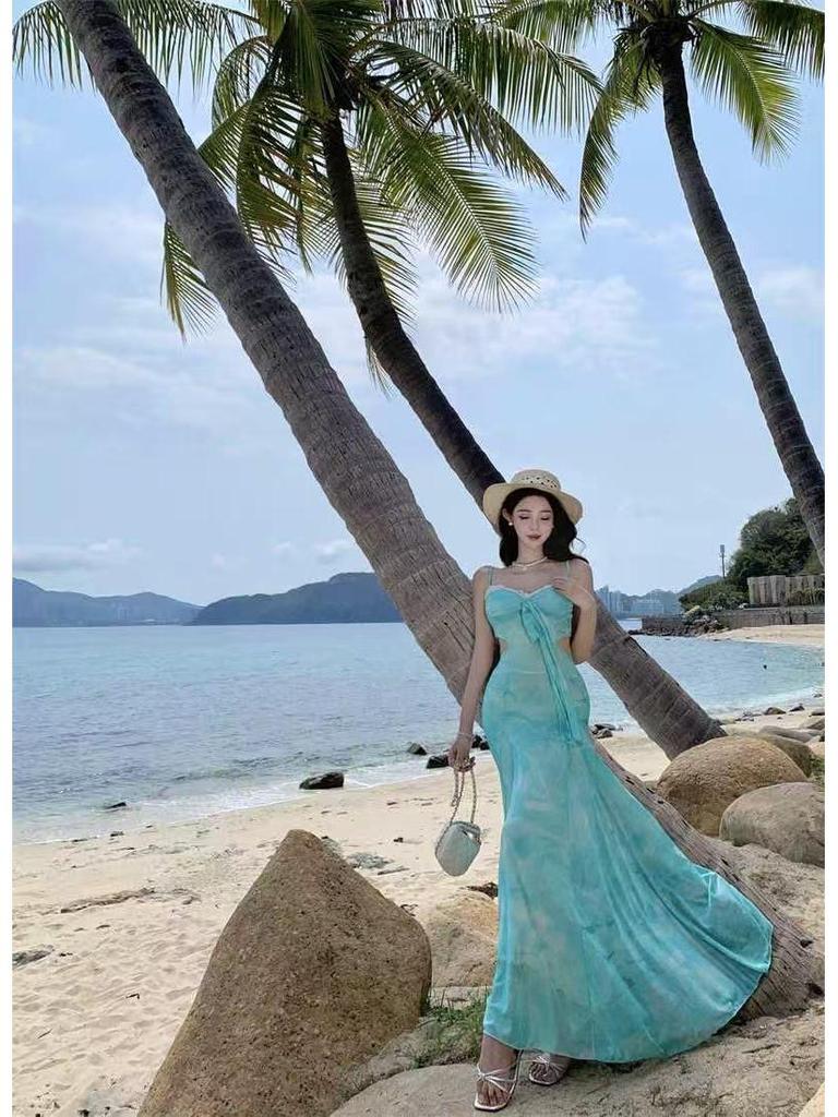 2026 Bohemian Print Spaghetti Strap Backless Beach Dress for Women
