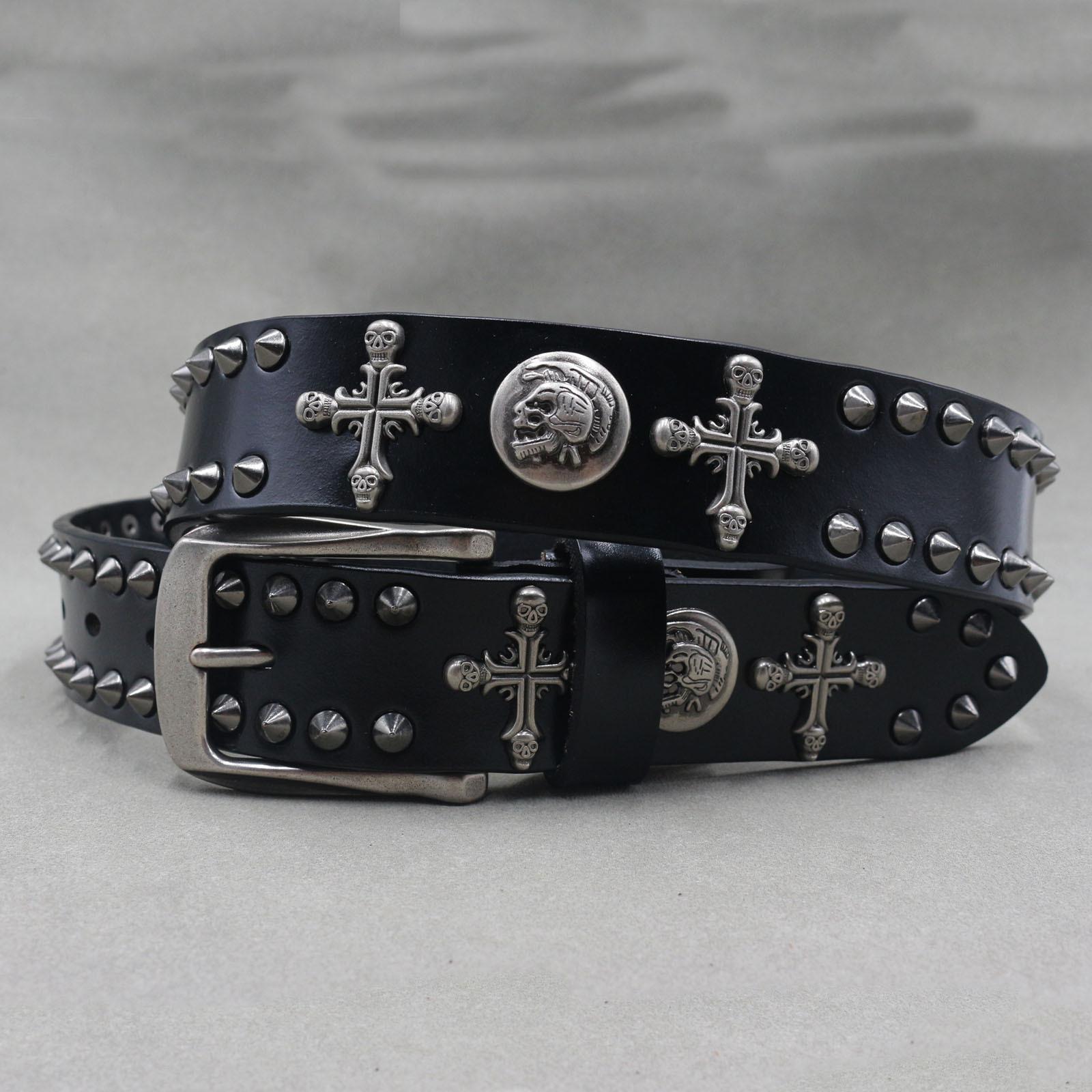 

New Style of Personalized Pointed Spike Rivet Cowhide Belt, Cross Skull Decorative Hardware, INS Style 125cm