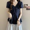 Women's White V-Neck Drawstring Puff Sleeve Peplum Hem Casual Blouse