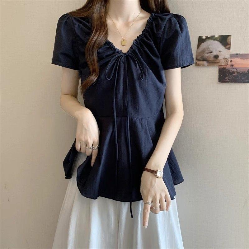 Women's White V-Neck Drawstring Puff Sleeve Peplum Hem Casual Blouse