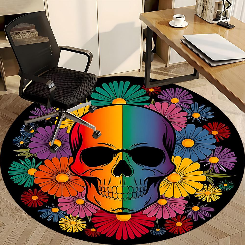 1pc Skull Flowers Chair Carpet for Office, Round Non Slip Durable Large Size Office Carpet, Suitable for Office