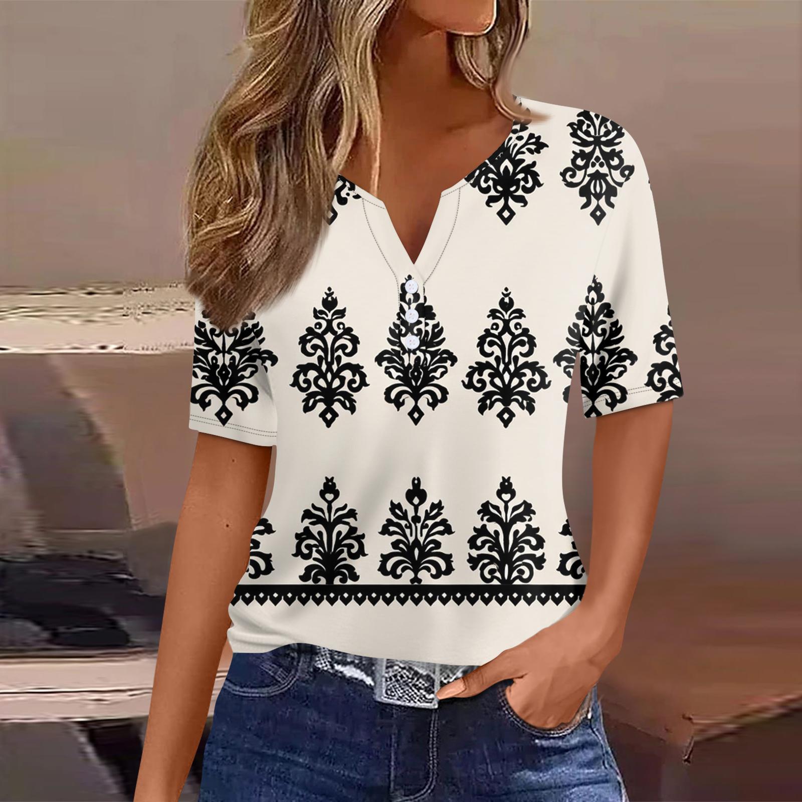

Женская футболка с принтом на пуговицах, короткий рукав, туника, повседневная мода на выходные, базовый топ с V-образным вырезом L