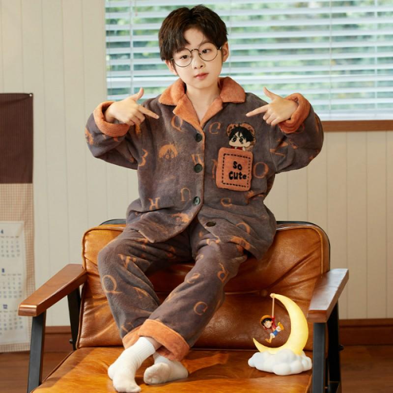 Boys Coral Fleece Pajamas Set Winter Thick Flannel Loungewear Kids