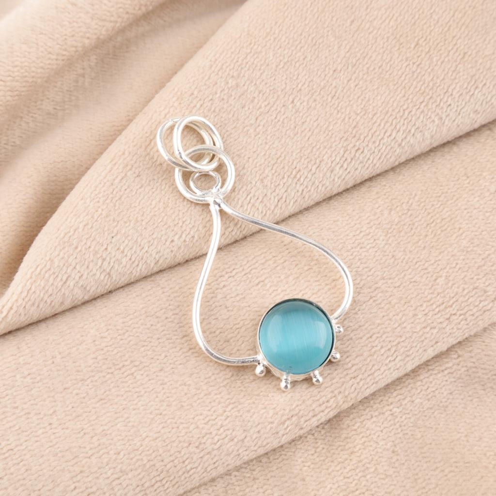 Natural Blue Cat's Eye Gemstone 925 Sterling Silver Jewelry Handcrafted Pendant PP-40-46