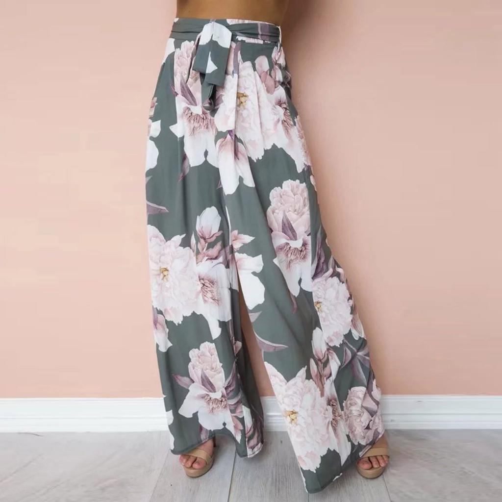 Damen-Palazzo-Hose mit Blumen- und geometrischem Druck, elastisch, hohe Taille, Schärpen, lange Hose mit weitem Bein, lockere Culottes, Maxi-Hose