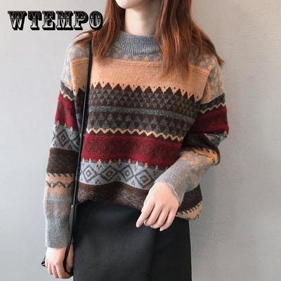 Pull imprimé à motifs géométriques vintage pour femmes, pull ample et décontracté, haut pour étudiantes, tricot tout-assorti, vêtements d'extérieur