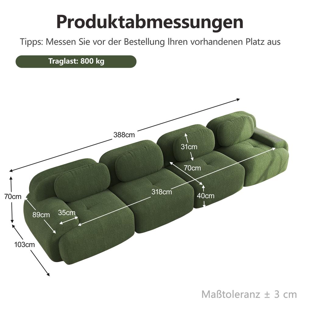 4-Seater Sofa Soft Corduroy, Frameless, 32D High-Elastic Padding, Pet-Friendly, Vacuum-Packed, Combinable, No Assembly for Bedroom and Office, Green