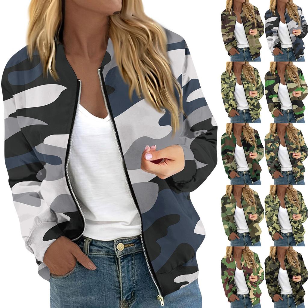 Damen Langarm Reißverschluss Camouflage Print Jacke Lässige Steppjacke mit Taschen